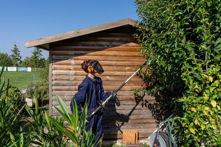Ragazzo con taglia siepi che taglia la siepe